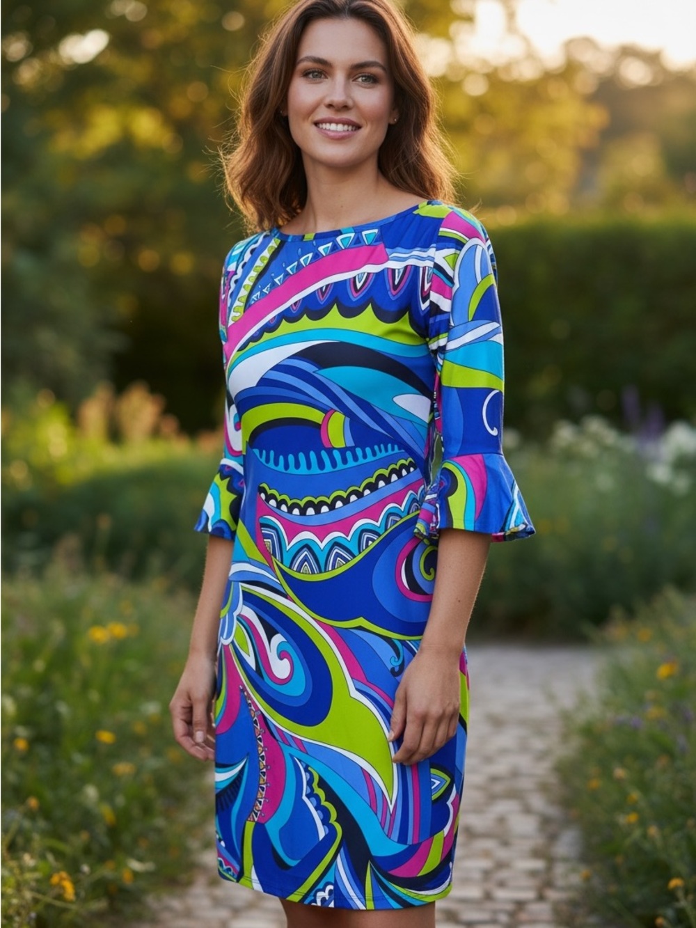 Tara Grinna Geometric Bell Sleeve Dress S